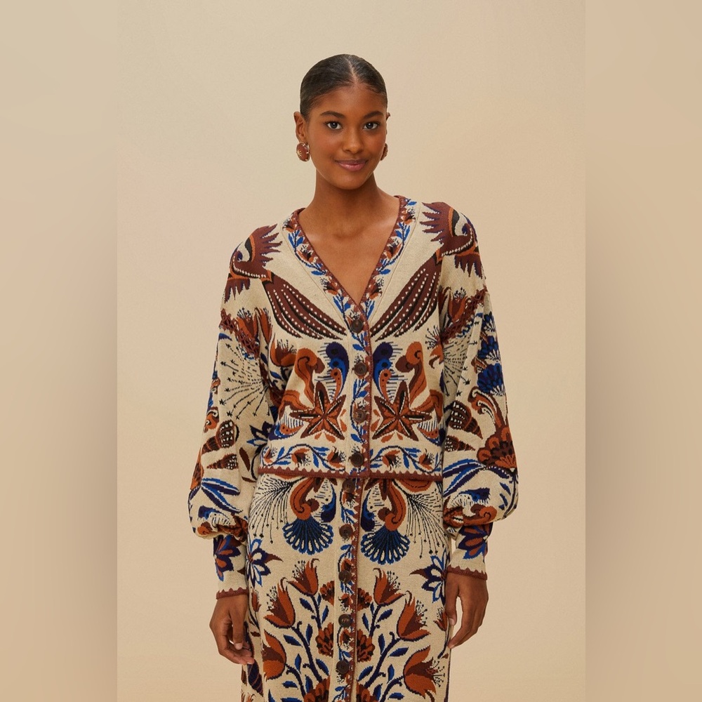 FARM Rio Cream Cardigan with Brown and Blue Floral Motif